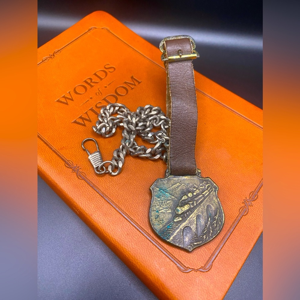 Antique Railroad Train Watch FOB Medallion Bridge Forest Badge Leather & Chain